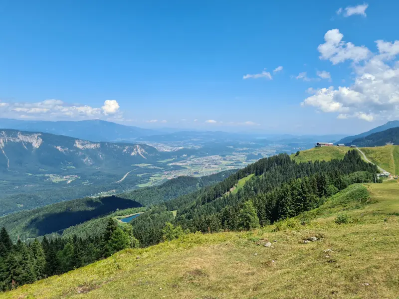 View from the top, looking towards the Austrian side. The little building there has a restaurant and the cable cart connection taking you down the Austrian side.