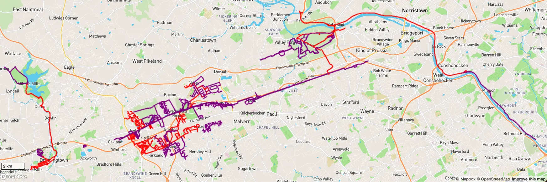 Situation near the girlfriend's parents. Purple is what I already had, red is what I added on this trip. If possible, it would be nice to connect the west side to the main blob and to expand the east side further east to reach Philadelphia.