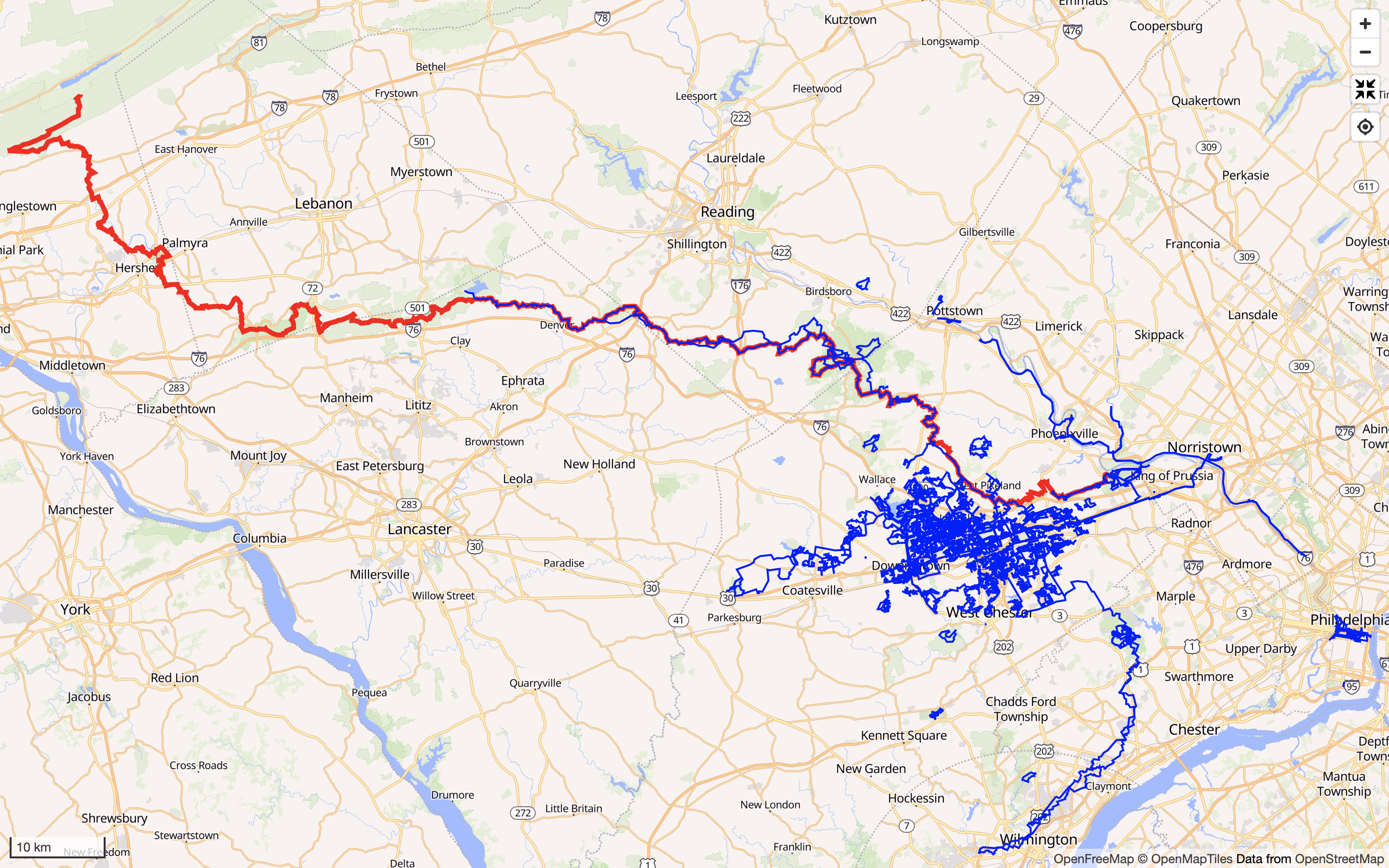 Where the Horse Shoe Trail (in red) will be taking me. Start is around the King of Prussia and Norristown text on the map's east side. The end is in the north west.