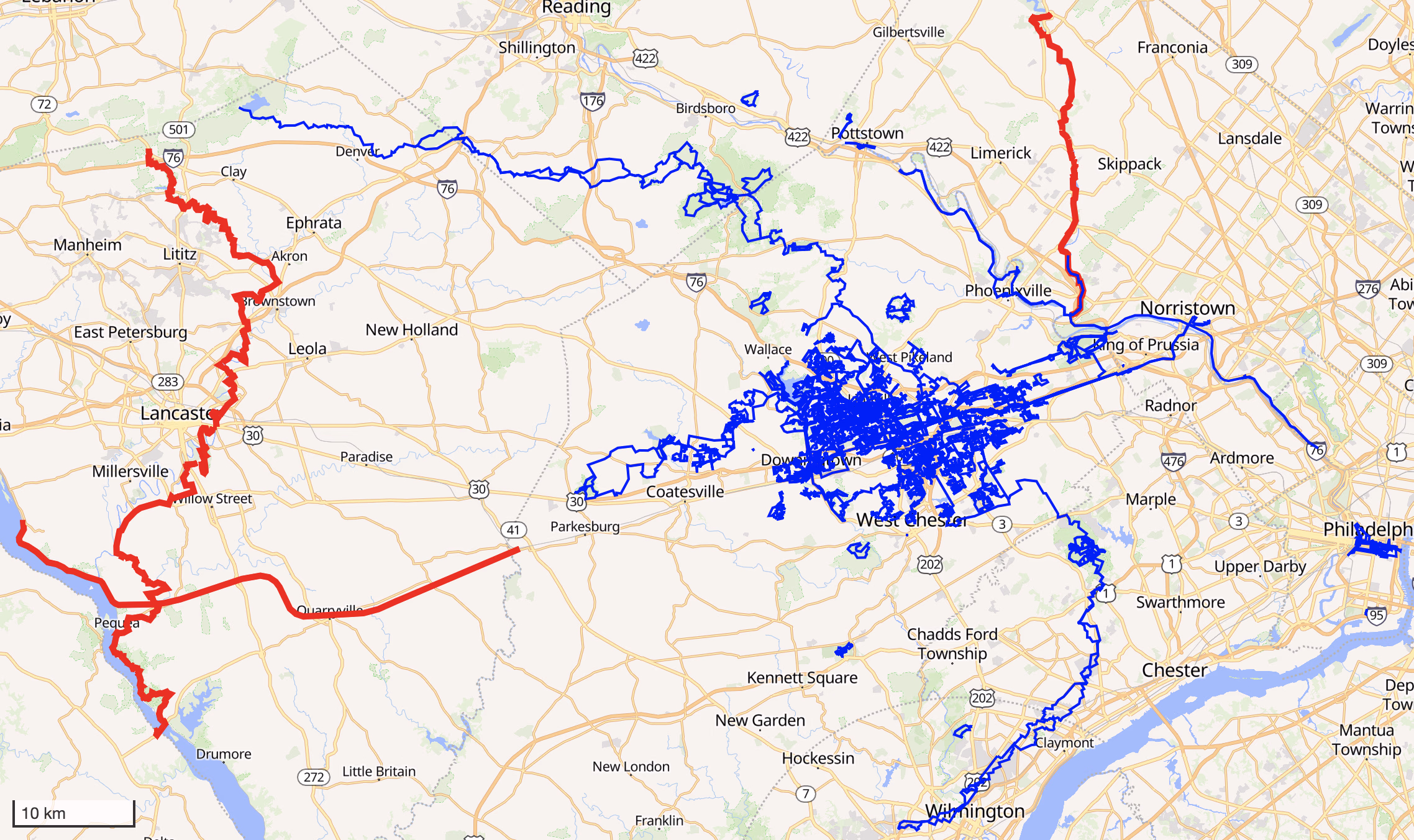 The Enola Low Grade Trail (east-west), the Conestoga Trail (north-south on the west side), and the Perkiomen Trail (north-south on the east side).