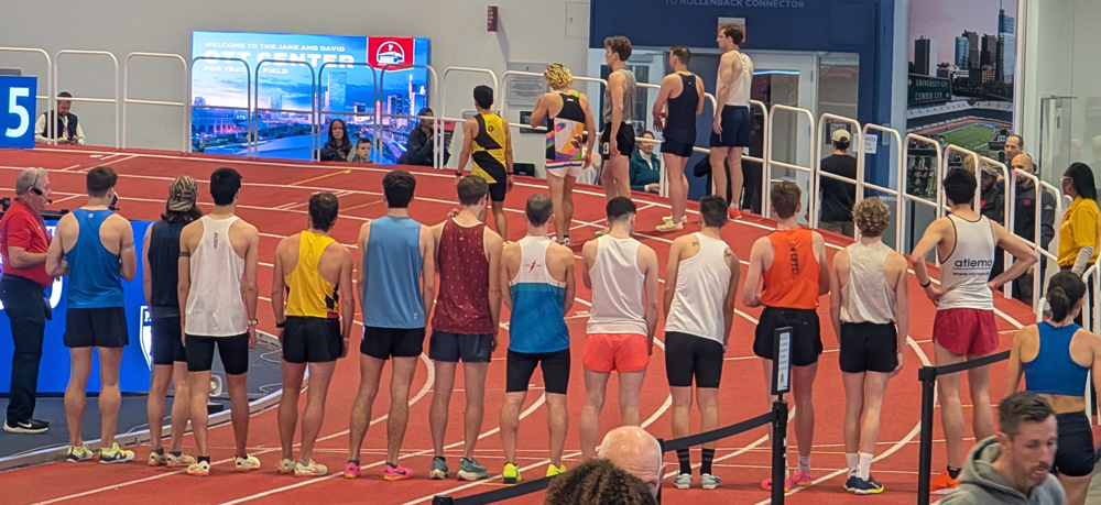 Lined up at the staggered start, I am on the right side in the closest row of runners.